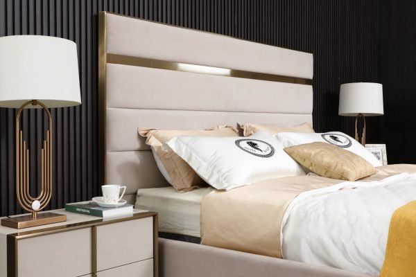 Modrest Cartier -  Modern Beige Velvet and Brushed Brass Bed - Image 4
