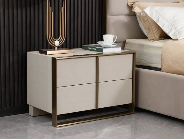 Nova Domus Cartier - Modern Beige Shagreen and Brushed Brass Nightstand - Image 4