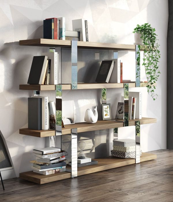 Modrest Brewer - Modern Walnut Glass & Stainless Steel Bookshelf - Image 4