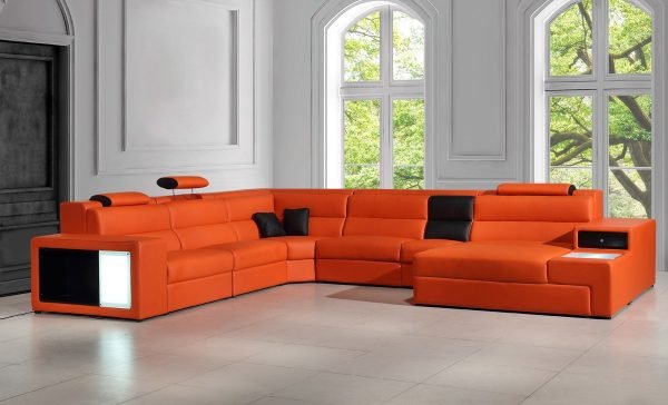 Divani Casa Polaris - Contemporary Orange Bonded Leather U Shaped Sectional Sofa with Lights