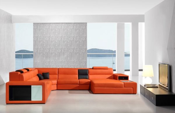 Divani Casa Polaris - Contemporary Orange Bonded Leather U Shaped Sectional Sofa with Lights - Image 2