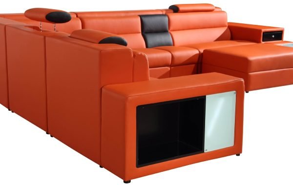Divani Casa Polaris - Contemporary Orange Bonded Leather U Shaped Sectional Sofa with Lights - Image 3