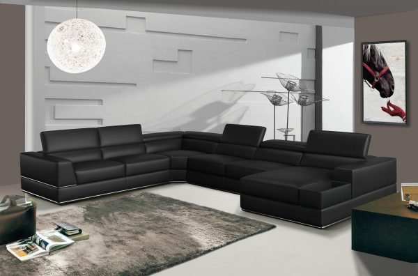 Divani Casa Pella - Modern Black Italian Leather U Shaped Sectional Sofa - Image 4