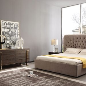 Modrest Moontide - Eastern King Glam Beige Velvet and Brushed Brass Bed