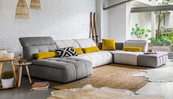 David Ferrari Natura - Italian Modern Light Taupe Fabric Sectional Sofa with Manual Recliner