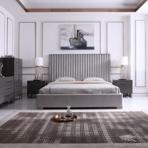 Eastern King Modrest Splendor - Silver & Grey Velvet Upholstered Platform Bed Set