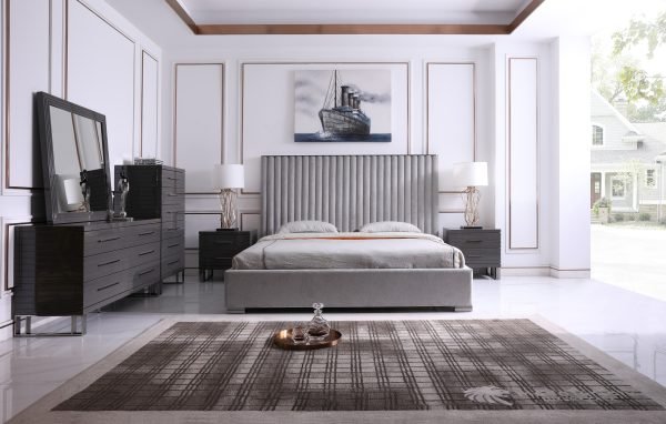 Eastern King Modrest Splendor - Silver & Grey Velvet Upholstered Platform Bed Set