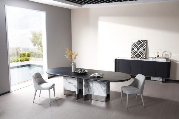 Modrest Renfew - Modern Black Oak + Faux Marble Oval Dining Table