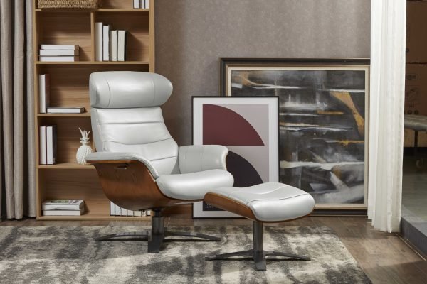 Divani Casa Abrons - Mid-Century Modern Light Grey Leather Lounge Chair & Ottoman