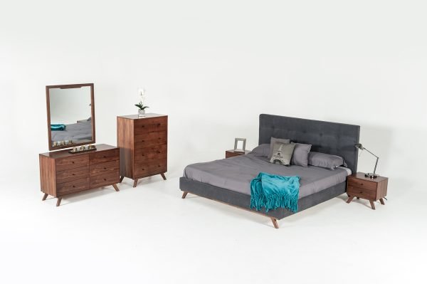 Modrest Addison Mid-Century Modern Grey Fabric & Walnut Bed - Image 3