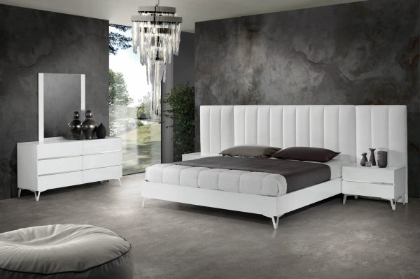 Nova Domus Angela - Eastern King Italian Modern White Eco Leather Bed w/ Nightstands and Wings