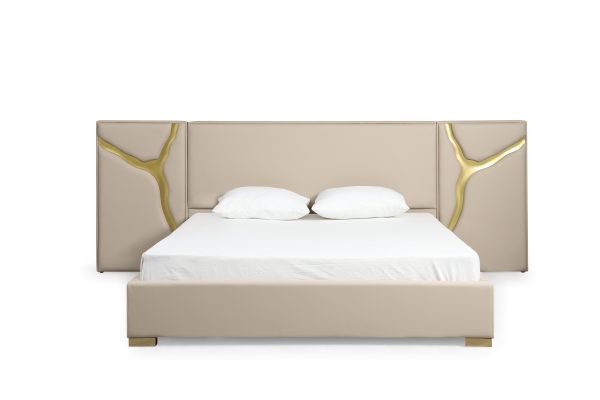 Modrest Aspen - Glam Beige Bonded Leather & Gold Q Bed - Image 2