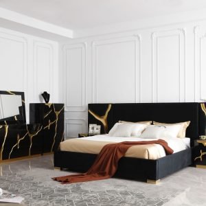 Modrest Aspen - Eastern King Glam Black Velvet & Gold Bed