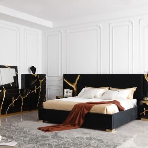 Modrest Aspen - California King Modern Black + Gold Bed + Nightstands