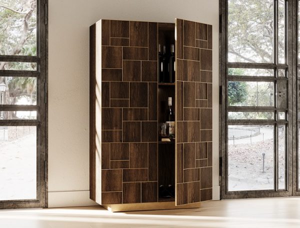 Modrest Auer- Brown Oak & Gold Wine Rack Cabinet