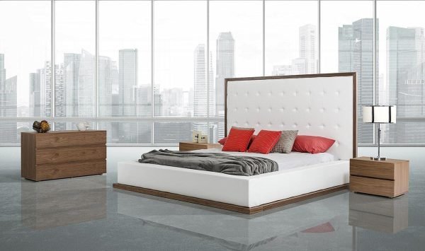 Queen Modrest Beth Modern Walnut with White Leatherette Bed