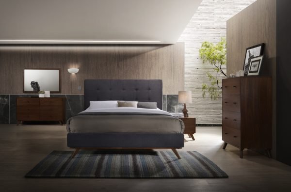 Modrest Addison Mid-Century Modern Grey Fabric & Walnut Bed - Image 2