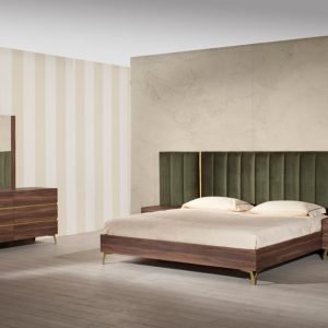 Nova Domus Calabria Modern Walnut & Green Velvet Bed & Nightstands