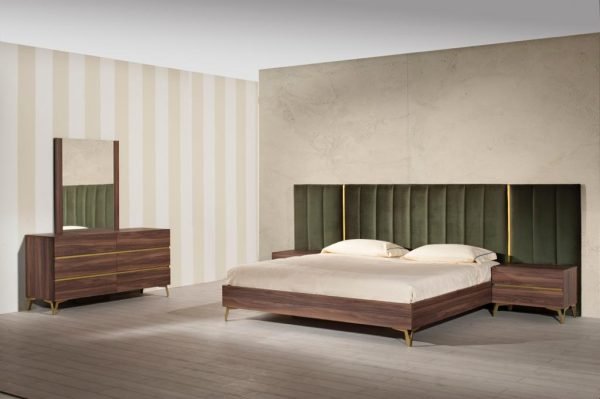 Nova Domus Calabria Modern Walnut & Green Velvet Bed & Nightstands