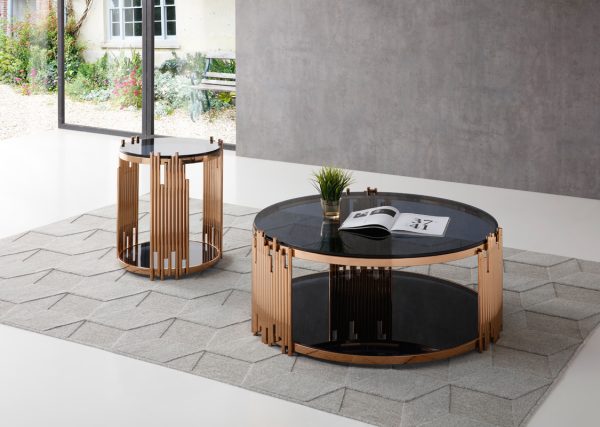 Modrest Bryce Modern Smoked Glass & Rosegold Round Coffee Table