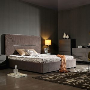 Modrest Duke Modern Grey Velvet & Black Gun Chrome Q Bedroom Set