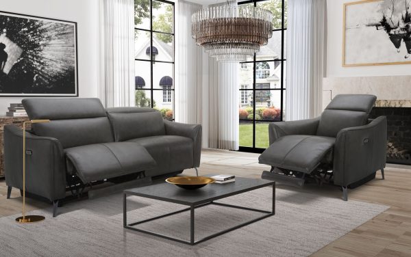 Divani Casa Prairie Modern Dark Grey Leather Dual Electric Loveseat with Electric Headrest