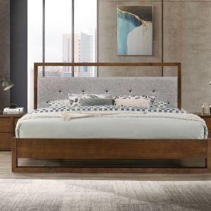 Queen Nova Domus Falcor - Modern Grey Fabric & Walnut Veneer Bed