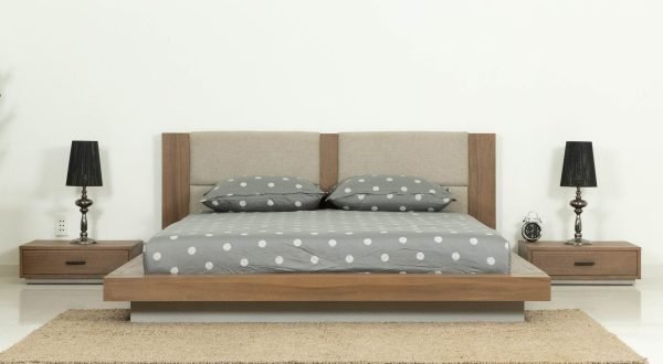 Queen Nova Domus Fantasia - Contemporary Walnut & Grey Bed with Two Nightstands