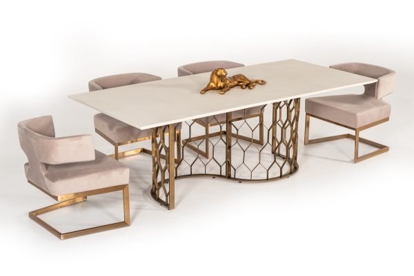 Modrest Faye Modern White Concrete & Antique Brass Dining Table - Image 4