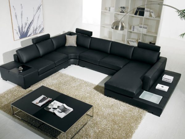 T35 - Modern Black Genuine Leather Sectional Sofa with Light - Image 3