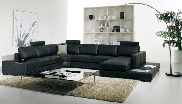 T35 - Modern Black Genuine Leather Sectional Sofa with Light - Image 4