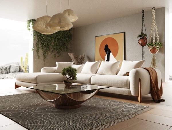 Modrest Fleury - Contemporary Cream Fabric and Walnut LAF Sectional Sofa - Image 4
