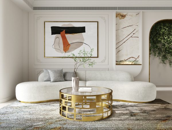 Divani Casa Frontier - Glam White Fabric Curved Sectional Sofa with Beige Pillows - Image 4