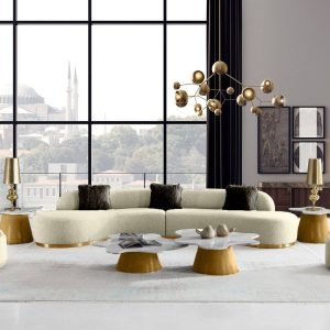 Divani Casa Frontier - Glam Off-White Fabric Curved Sectional Sofa with Black Pillows