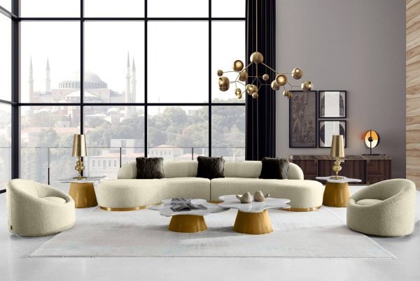 Divani Casa Frontier - Glam Off-White Fabric Curved Sectional Sofa with Black Pillows - Image 2