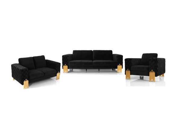Divani Casa Georgia- Modern Velvet Glam Black + Gold Sofa Set
