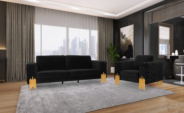 Divani Casa Georgia- Modern Velvet Glam Black + Gold Sofa Set - Image 2