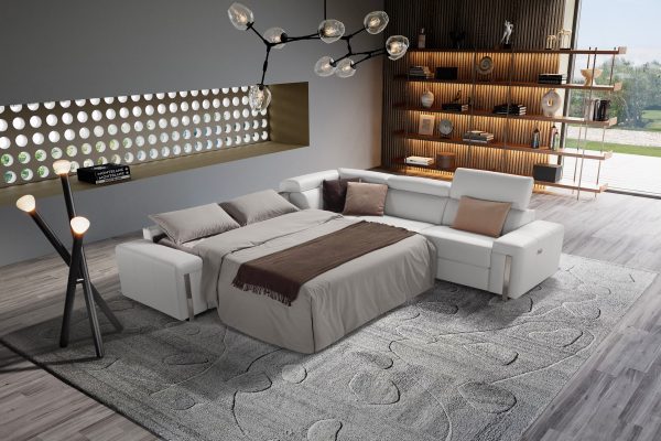 Estro Salotti Bogart - Italian Modern Light Grey Leather Sectional Sofa Bed with Recliner - Image 3