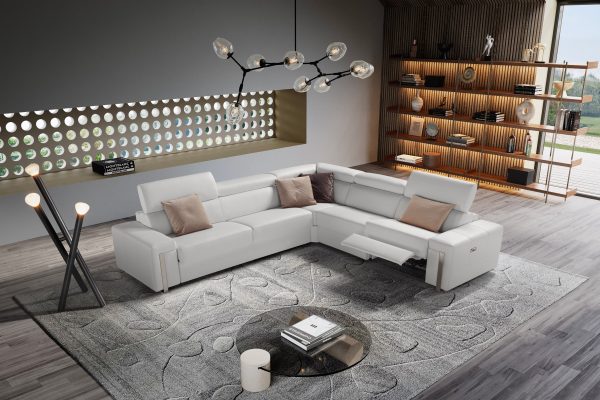 Estro Salotti Bogart - Italian Modern Light Grey Leather Sectional Sofa Bed with Recliner