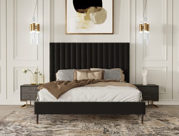Modrest Hemlock Howard- Modern Dark Grey Velvet and Shagreen Grey Q Bedroom Set - Image 2