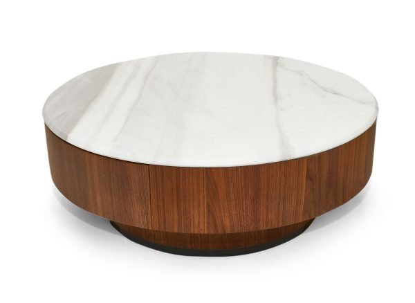 Nova Domus Hilton- Modern Walnut and White Marble Round Coffee Table