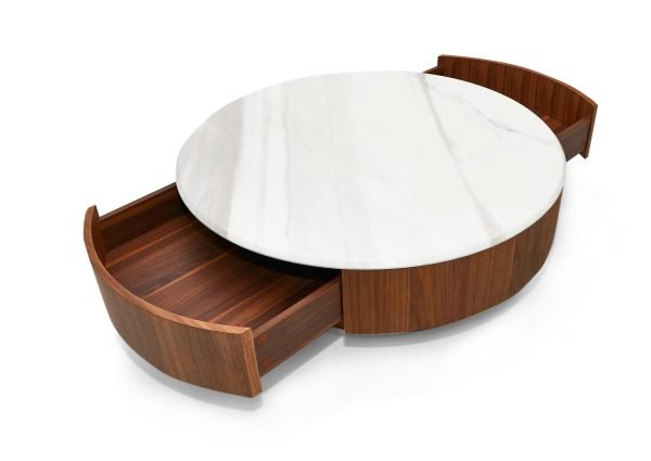 Nova Domus Hilton- Modern Walnut and White Marble Round Coffee Table - Image 2
