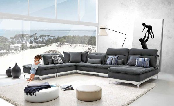 David Ferrari Horizon - Modern Grey Fabric + White Leather U Shaped Sectional Sofa