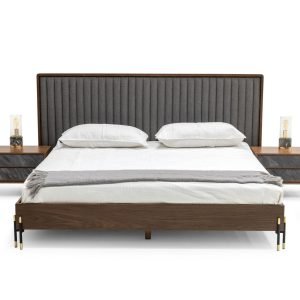 Queen Nova Domus Metcalf - Mid-Century Walnut & Grey Bed w/ Two Nightstands