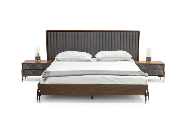 Queen Nova Domus Metcalf - Mid-Century Walnut & Grey Bed w/ Two Nightstands