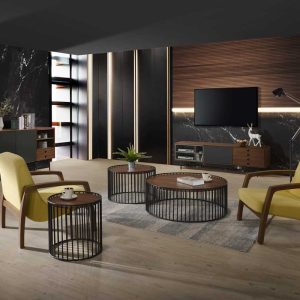 Modrest Bronson Modern Walnut & Black Round Coffee Table