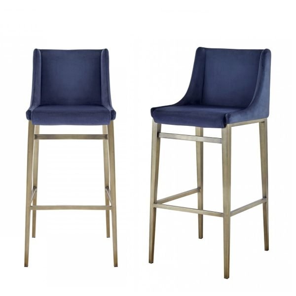Modrest Mimi - Contemporary Blue Velvet & Antique Brass Bar Stool (Set of 2) - Image 5
