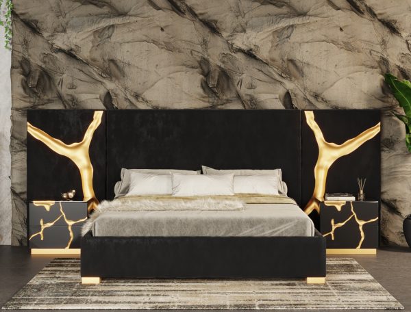 Modrest Aspen - Glam Black Velvet & Gold Bed - Image 5