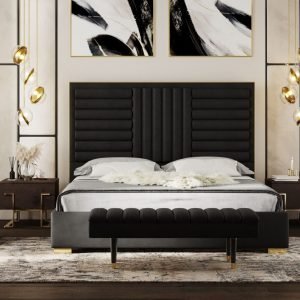 Queen Modrest Daystar - Modern Black Velvet and Gold Bed