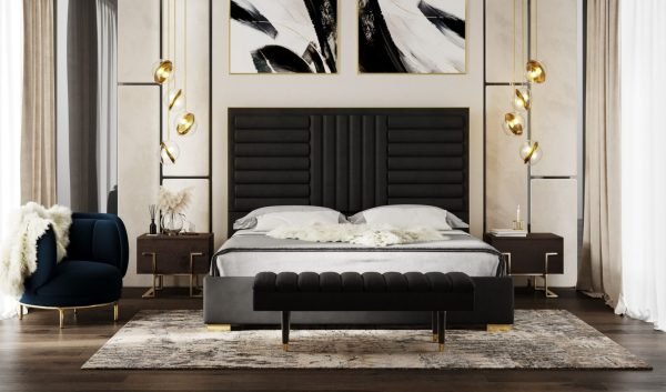 Queen Modrest Daystar - Modern Black Velvet and Gold Bed